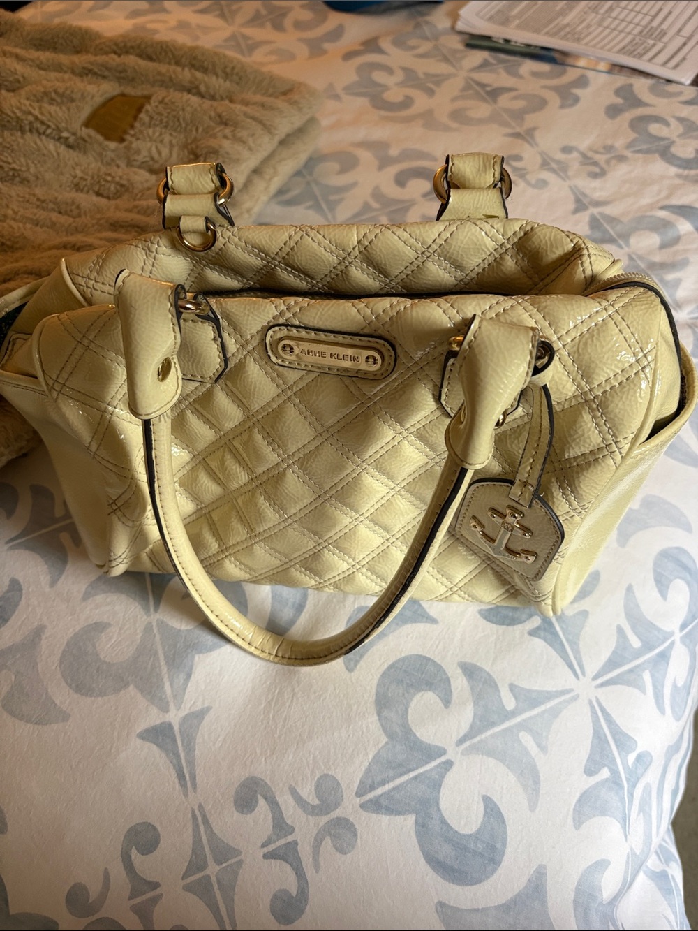 Anne Klein Quilted Pale Yellow Satchel with Gold Hardware